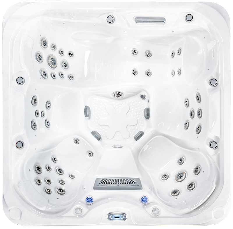 a large square hot tub with a black background